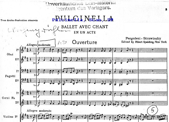 Igor Strawinsky: Pulcinella-Ballett, Partitur 1924, Seite 3 (erste Notenseite), Ausschnitt