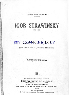 Igor Strawinsky: Concerto pour Piano suivi d'Orchestre d'Harmonie, Partitur 1924, Titelseite