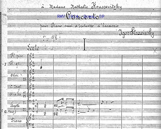 Igor Strawinsky: Concerto pour Piano suivi d'Orchestre d'Harmonie, Partitur 1924, Seite 1 (Ausschnitt)