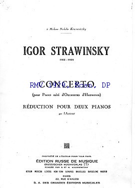 Igor Strawinsky: Concerto pour Piano suivi d'Orchestre d'Harmonie, Klavierauszug 1924/25?, 1929, Titelseite