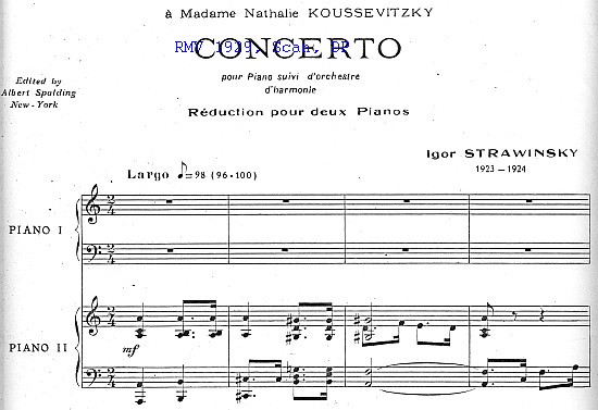 Igor Strawinsky: Concerto pour Piano suivi d'Orchestre d'Harmonie, Klavierauszug 1929, Seite [1] (Ausschnitt)
