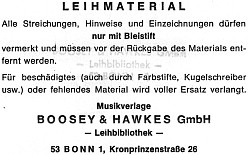 Boosey & Hawkes Deutschland, Aufkleber
Leihmaterial, historische Fassung, Bonn, Kronprinzenstraße