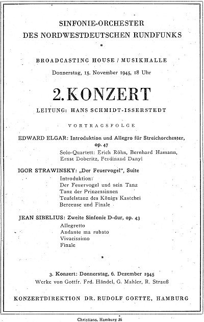 Sinfonie-Orchester des Nordwestdeutschen Rundfunks, 
Musikhalle, 15. November 1945