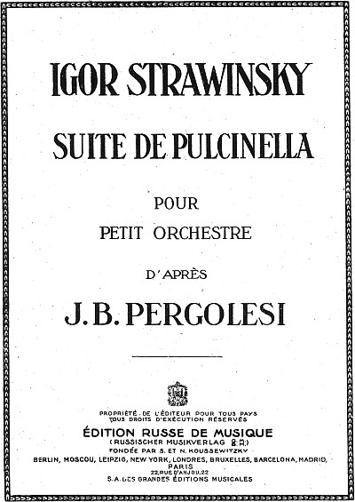 Igor Strawinsky, Suite de Pulcinella, Taschenpartitur 1924, Titelseite