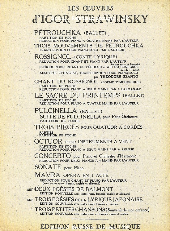 Igor Strawinsky: Pulcinella-Suite, Taschenpartitur 1924, Einband hinten, Werkliste