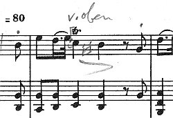 Pulcinella-Suite, Deutsche Leihpartitur 1, Sinfonia (Ouverture), Soloquintett, Violine I, Takt 2, Dirigentennotiz