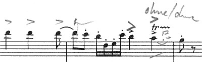 Pulcinella-Suite, Deutsche Leihpartitur 1, Sinfonia (Ouverture), Orchesterquintett, Violinen II, Ziffer 7 Takt 2, Dirigentennotiz