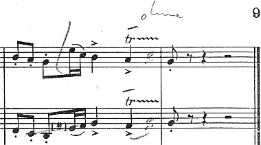 Pulcinella-Suite, Deutsche Leihpartitur 1, Sinfonia (Ouverture), Oboen, Ziffer 7 Takt 4, Dirigenteneintragungen