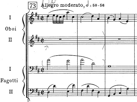 Igor Strawinsky, Pulcinella-Suite, Deutsche Leihpartitur 4, VI Gavotta, Ziffer 73, Takte 1 und 2, Dirigentenänderung