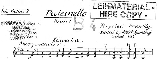Igor Strawinsky, Pulcinella-Ballett, Leihmaterial, Solostreicher, Violine II, Ouverture, Ausschnitt, Hauptkopist I