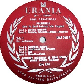 Strawinsky, Pulcinella-Suite, Urania URLP 7093, Etikett, Seite A