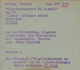 Haus des Rundfunks, Karteikarte, Columbia LWX. 210, Eduard Grieg, Klavierkonzert A-moll, Walter Gieseking, 1937