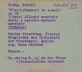 Haus des Rundfunks, Karteikarte, Columbia LWX. 213, Eduard Grieg, Klavierkonzert A-moll, Walter Gieseking, 1937