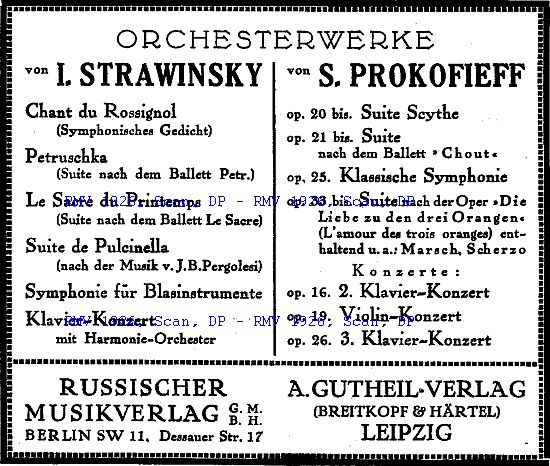 Russischer Musikverlag (Édition Russe de Musique), Annonce 1926